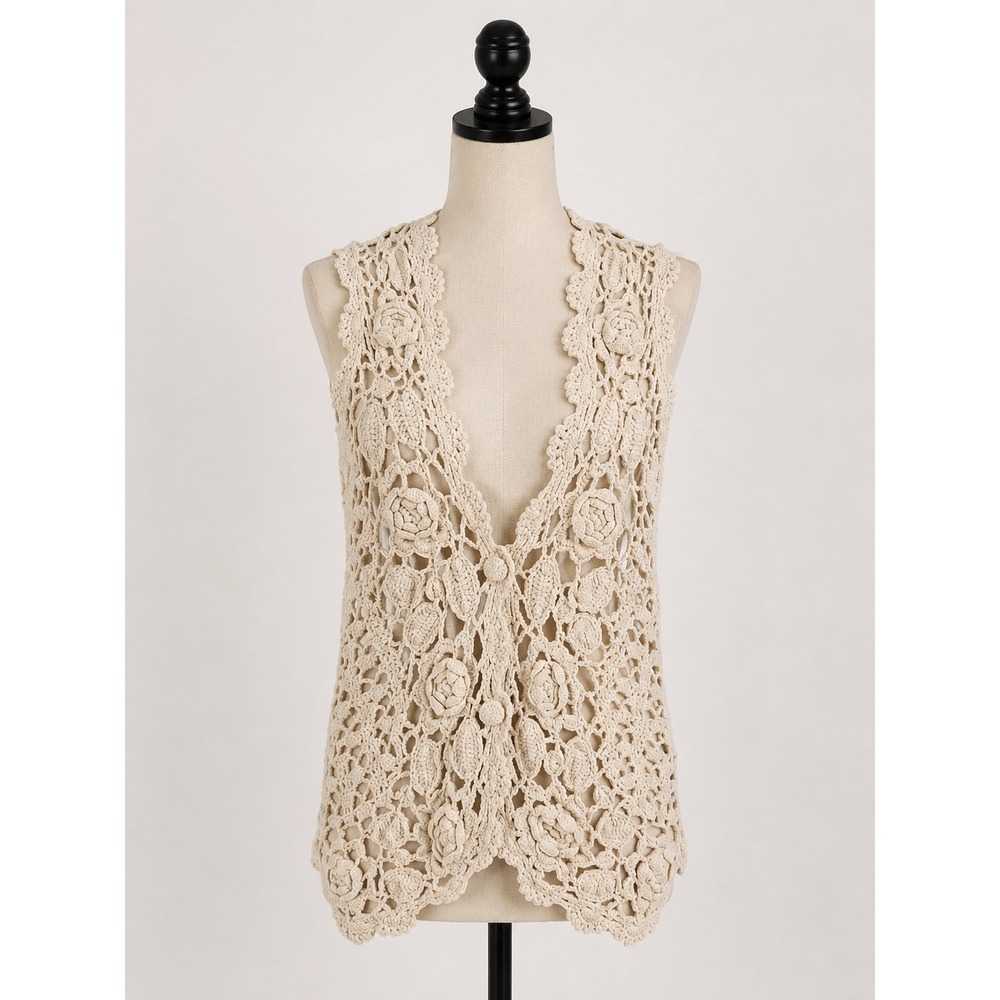 Cream Crochet Vest Womens 3D Rosette Open Knit Y2K Boho Ramie Cotton Layering
